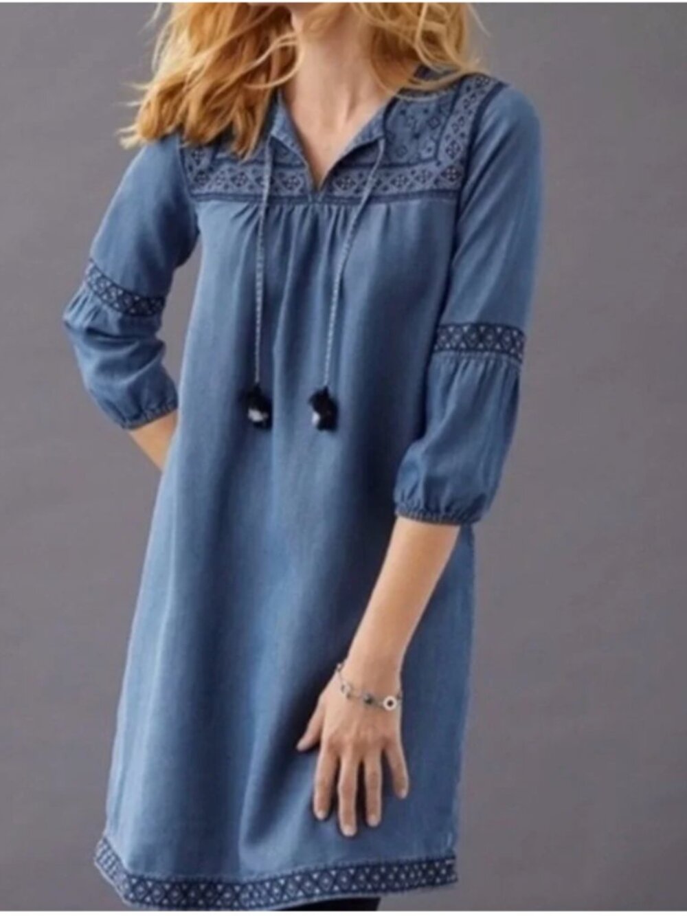 J Jill‎ Denim Tencel Embroidered Boho Chambray Shift Dress Medium Blue